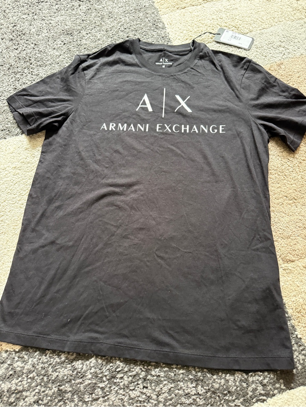 Armani Exchange Black Crew Neck Logo Tee with White Print- Medium Slim